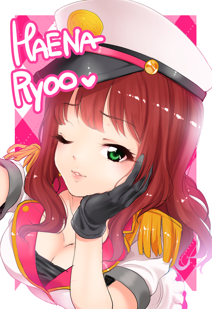 1girl, black_gloves, breasts, character_name, cleavage, epaulettes, gloves, green_eyes