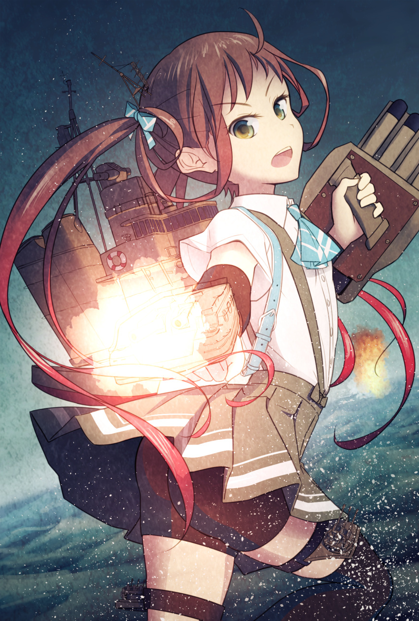 1girl, aiming_at_viewer, asagumo_(kantai_collection), bike_shorts, blush, brown_hair, firing, hair_ribbon