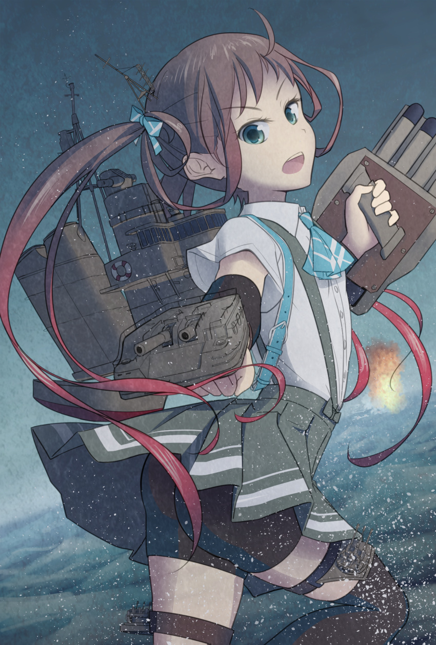 1girl, aiming_at_viewer, asagumo_(kantai_collection), bike_shorts, blush, brown_hair, hair_ribbon, highres