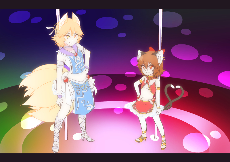 2girls, adapted_costume, animal_ears, blonde_hair, brown_hair, cat_ears, cat_tail, chen, commentary_request, ear_piercing, fox_ears, fox_tail, hand_on_hip, heart_tail_duo, high_heels, itsuki_(kisaragi), jewelry, looking_at_viewer, midriff, multiple_girls, multiple_tails, navel, panty_&amp;_stocking_with_garterbelt, panty_(psg), panty_(psg)_(cosplay), parody, piercing, shirt, single_earring, skirt, smile, stage, stocking_(psg), stocking_(psg)_(cosplay), stripper_pole, tail, touhou, yakumo_ran, yellow_eyes