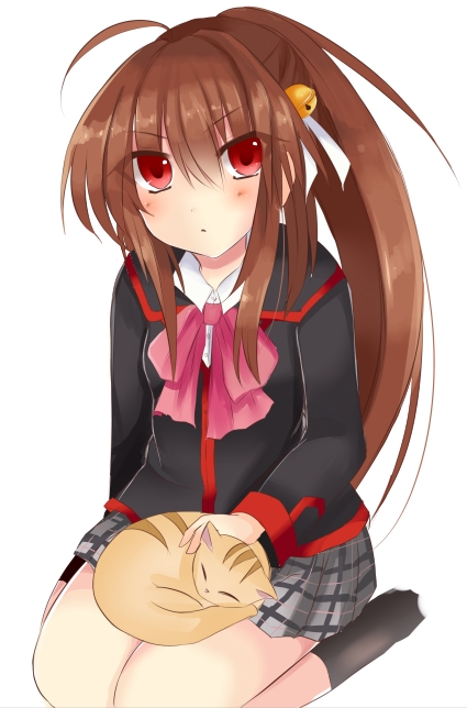 1girl, brown_hair, cat, kuroyagi_(kuuuuuuroyagi), little_busters!!, long_hair, natsume_rin, ponytail, red_eyes, school_uniform