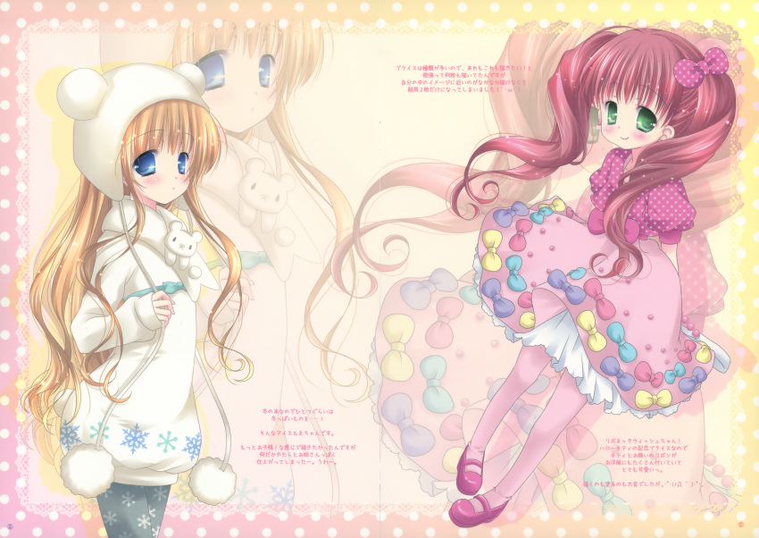 blonde_hair, blue_eyes, bow, curly_hair, dotted_background, fixme, gap, gray_pantyhose