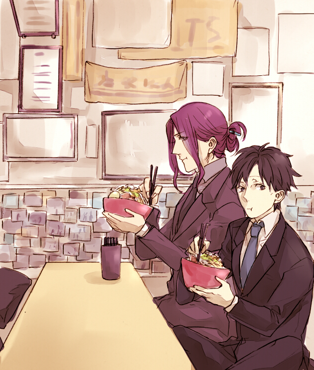 2boys, berserker_(fate/zero), black_hair, bowl, chopsticks, eating, fate/zero, fate_(series), formal, hair_up, long_hair, matou_kariya, multiple_boys, nervlish, purple_hair, suit