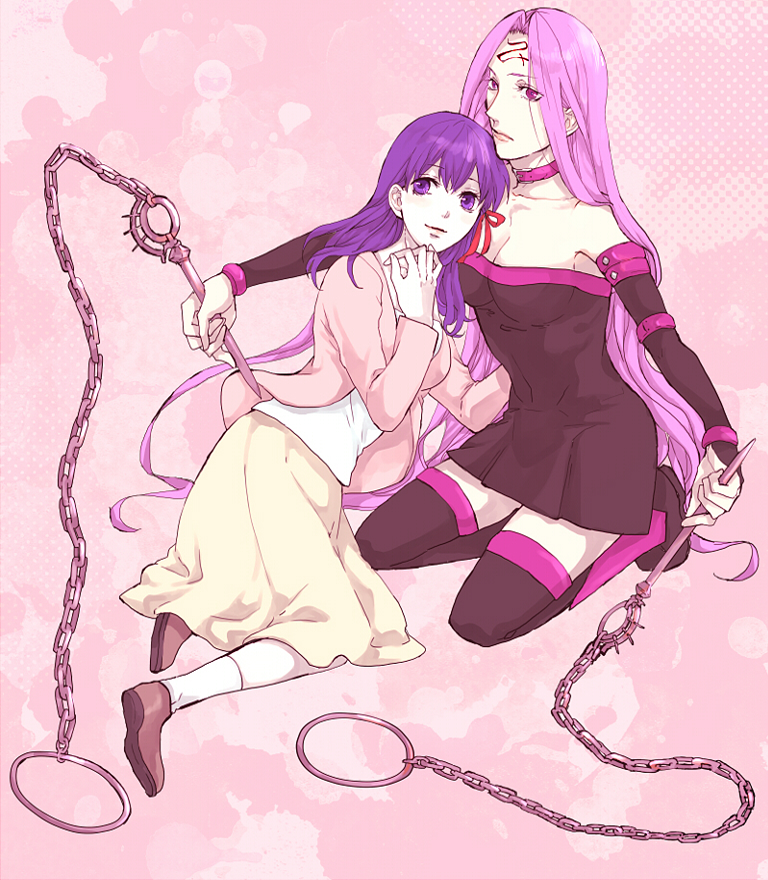 2girls, boots, cardigan, chain, dagger, elbow_gloves, facial_mark, fate/stay_night