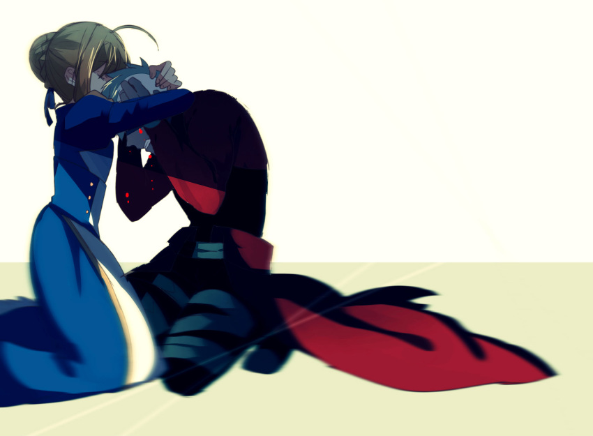 1boy, 1girl, ahoge, archer, blonde_hair, blue_dress, dress, fate/stay_night