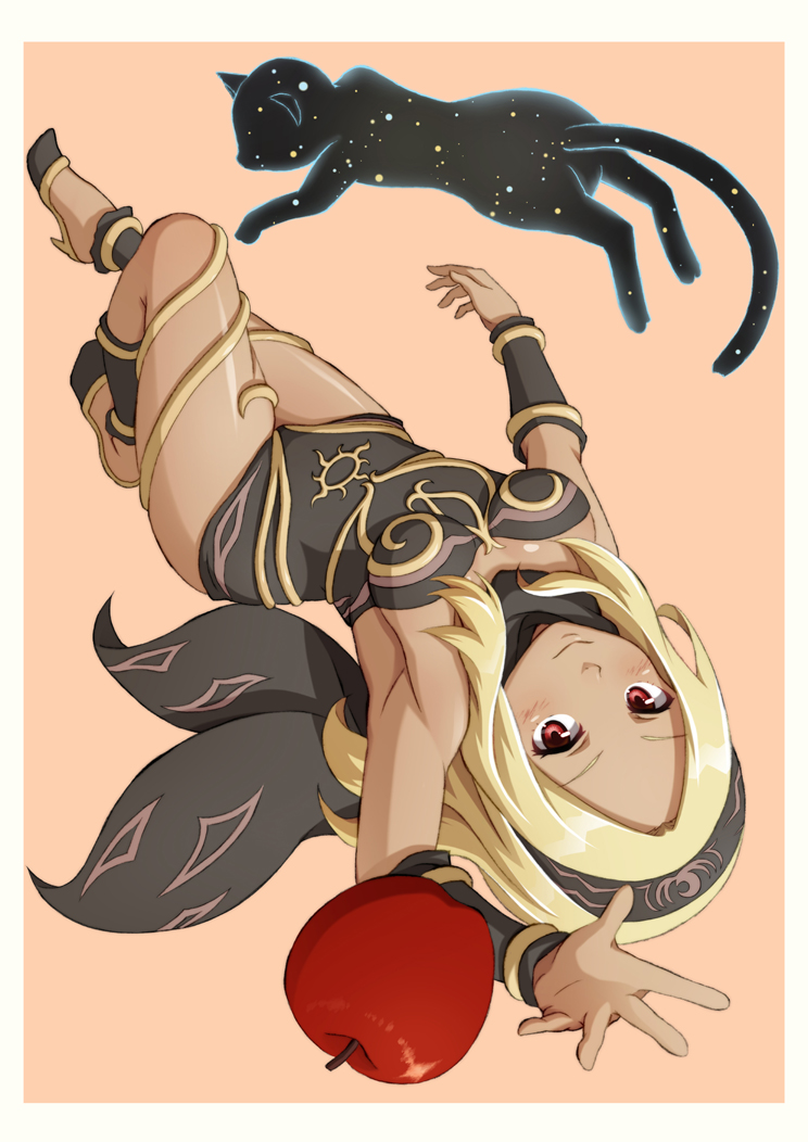 1girl, armpits, black_clothes, blonde_hair, cat, dark_skin, gravity_daze, hairband