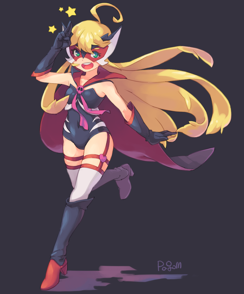 1girl, :d, ahoge, artist_name, black_gloves, blonde_hair, boots, cape, doronjo, gloves, green_eyes, heart, leopard_(yatterman), long_hair, mask, open_mouth, pagom, smile, solo, star, thigh-highs, time_bokan_(series), white_legwear, yatterman, yoru_no_yatterman