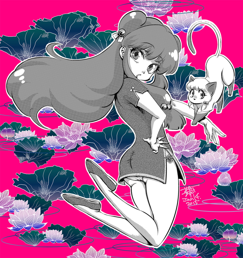 1girl, 2015, bare_legs, bell, cat, chinese_clothes, dated, double_bun, dress, dual_persona, floral_background, flower, hair_bell, hair_ornament, hand_on_hip, hazuki_asuka, highres, jumping, long_hair, looking_back, lotus, monochrome, panties, pantyshot, partially_colored, pink_background, ranma_1/2, shampoo_(ranma_1/2), shoes, short_dress, side_slit, signature, underwear