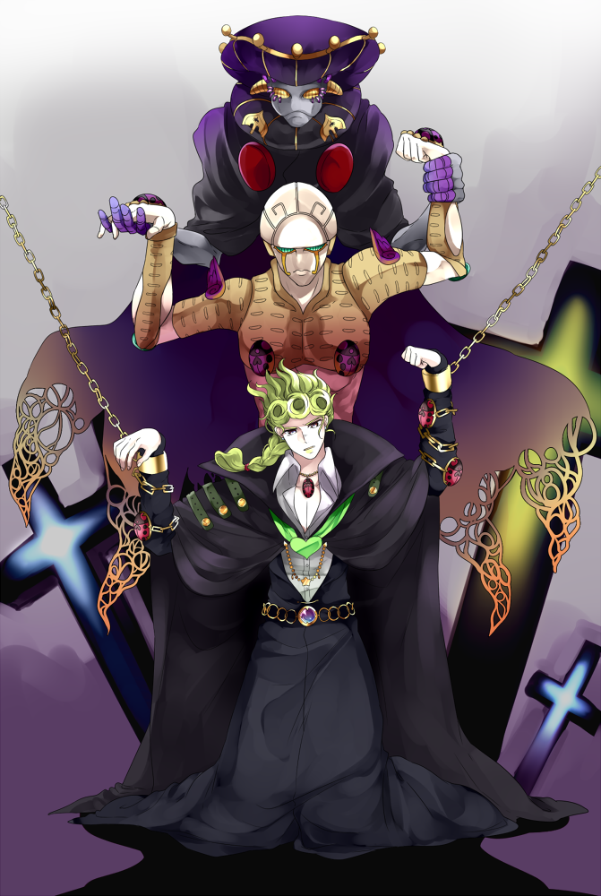 3boys, black_sabbath_(stand), blonde_hair, cape, chain, cross, giorno_giovanna, gold_experience