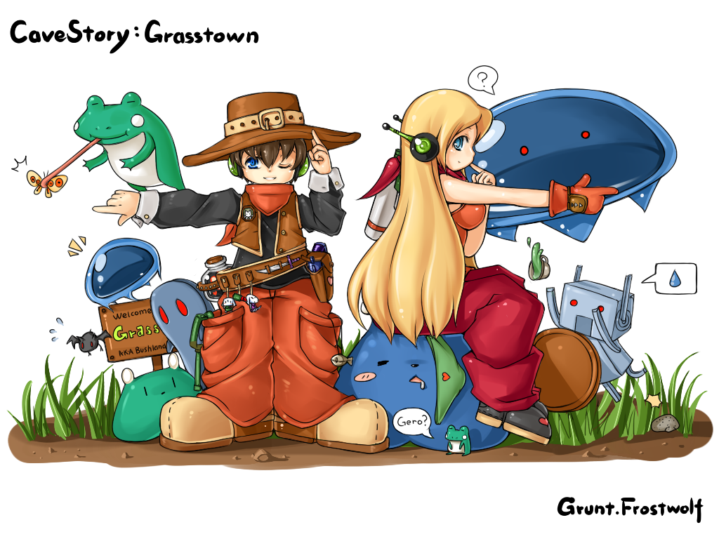 android, badge, bat, black_hair, blonde_hair, blue_eyes, breasts, cave_story, cowboy, cowboy_hat, cup, curly_brace, doukutsu_monogatari, finger_gun, frog, gloves, gruntfrostwolf, hat, heart, jellyfish, king_(doukutsu_monogatari), long_hair, malco, panties, quote, robot_ears, sign, sweatdrop, teacup, toroko, trip, tripping, underwear, vest, wallpaper, western, wink