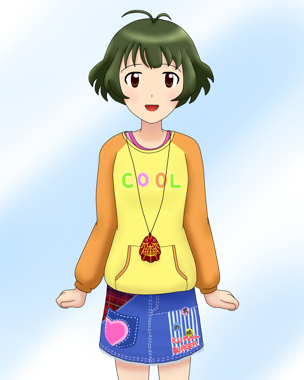 akizuki_ryou, antenna_hair, brown_eyes, crossdressing, feyder, open_mouth, raglan_sleeves, smile