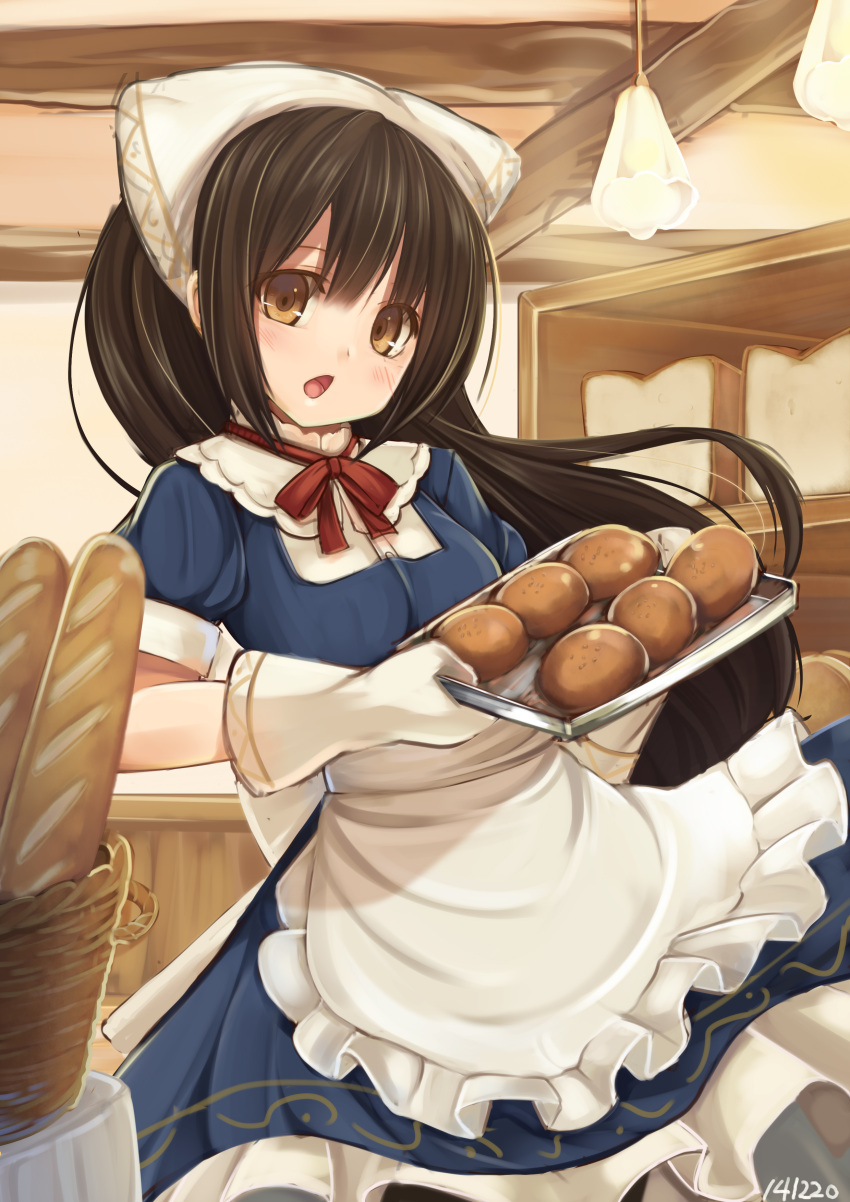1girl, absurdres, apron, bakery, blue_dress, blush, bread, brown_eyes