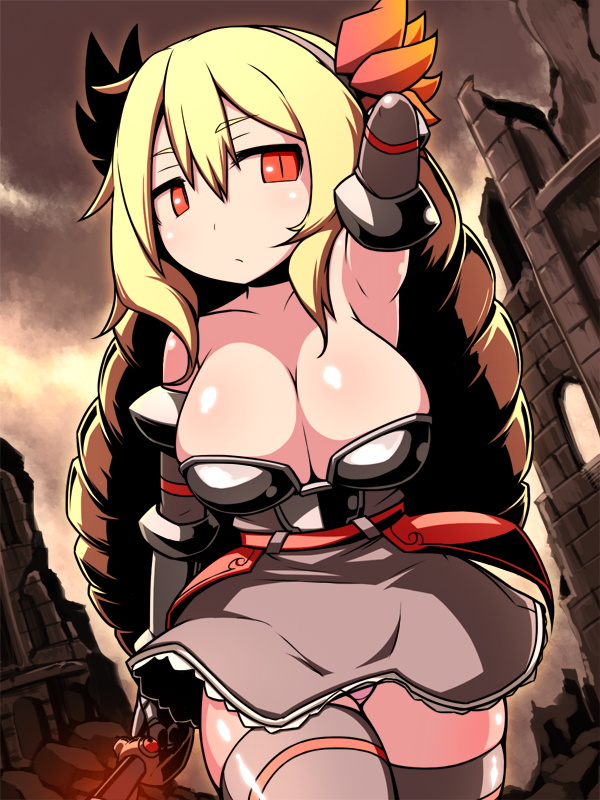 1girl, arm_up, armor, armpits, blonde_hair, brave_frontier, breasts, cleavage