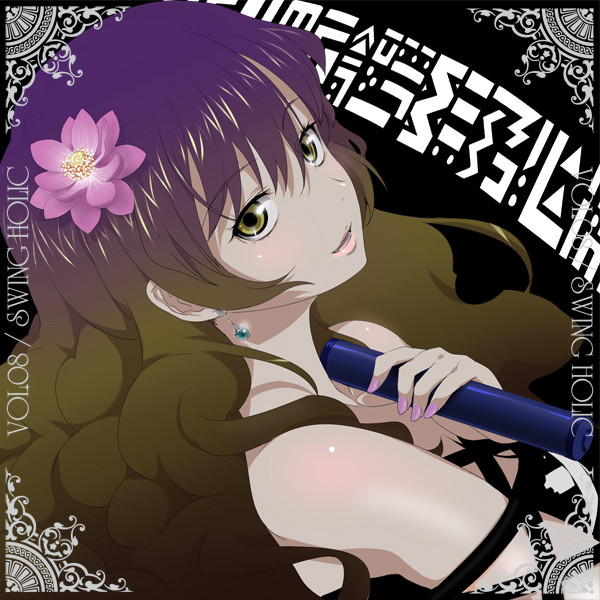 1girl, album_cover, alternate_costume, black_background, brown_eyes, brown_hair, cover, earrings