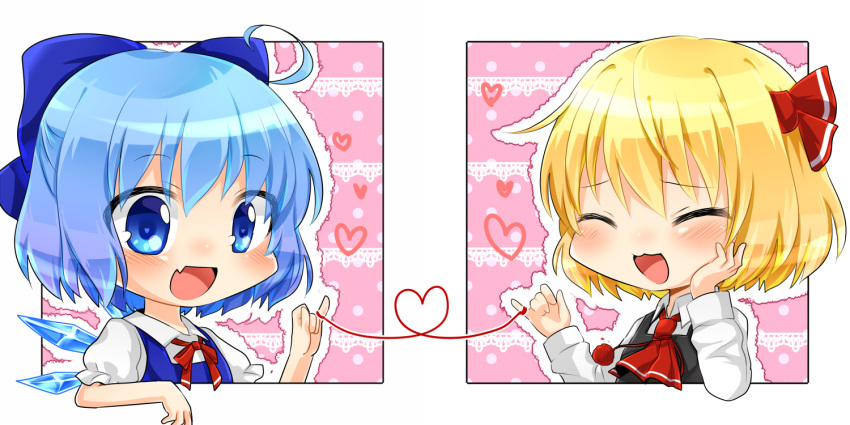 2girls, :d, ^_^, ahoge, ascot, blonde_hair, blue_eyes, blue_hair