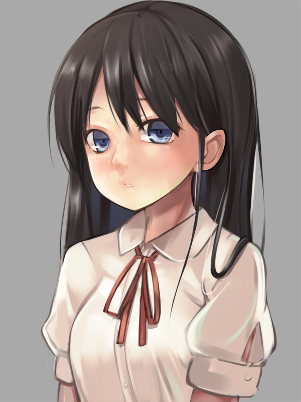 1girl, black_hair, blue_eyes, grey_background, long_hair, necktie, original, parted_lips