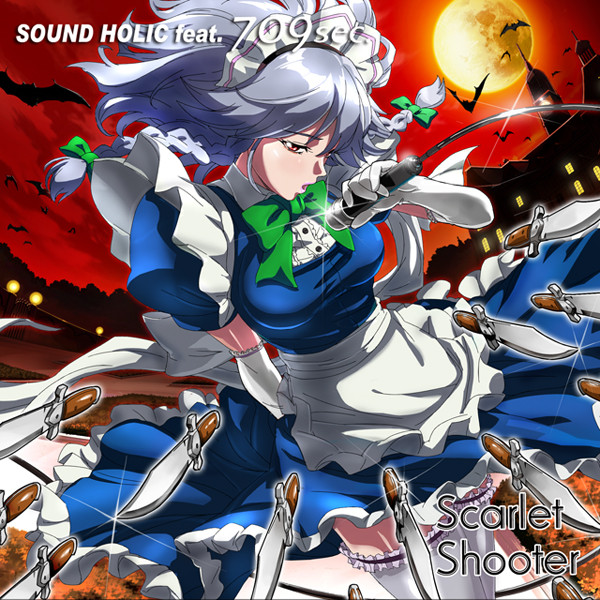 1girl, album_cover, apron, bat, bow, braid, cover, dagger