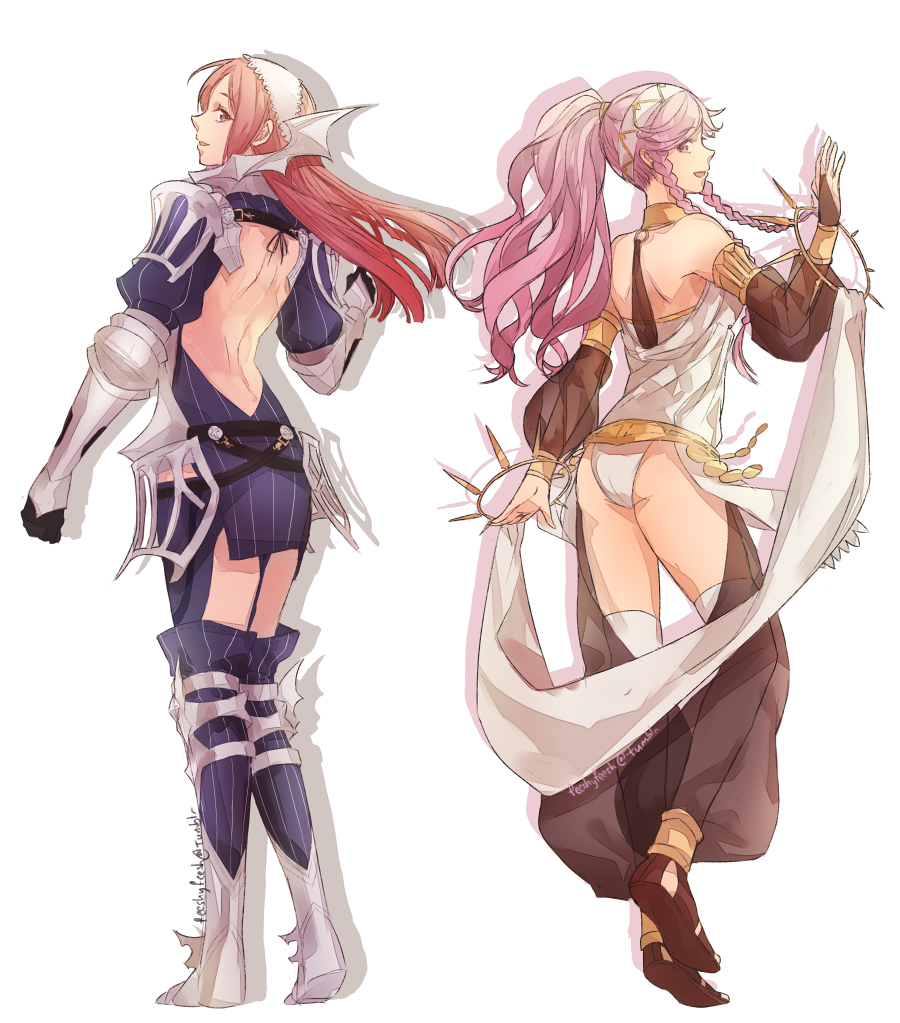 2girls, arm_up, armlet, armor, ass, back, bare_shoulders, boots