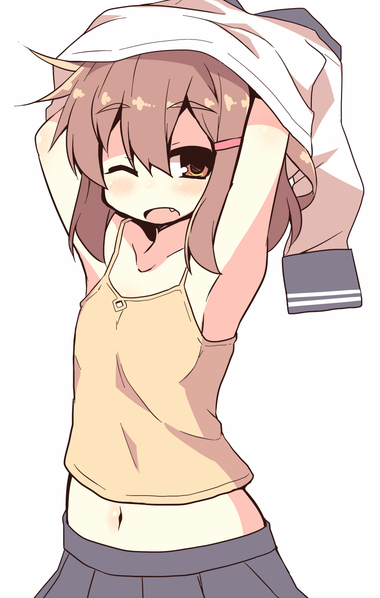 1girl, arms_up, blush, brown_hair, collarbone, fang, hair_ornament, hairclip