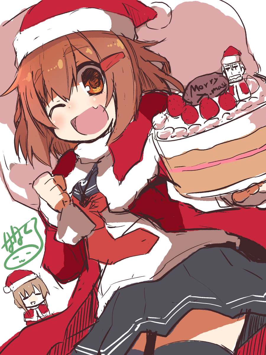 ;d, artist_name, black_legwear, blush, brown_hair, cake, christmas, fang