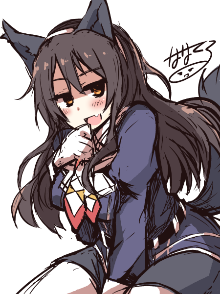 1girl, animal_ears, artist_name, ashigara_(kantai_collection), blush, brown_hair, fang, half-closed_eyes, kantai_collection, long_hair, long_sleeves, open_mouth, pantyhose, renkonan, simple_background, skirt, smile, solo, tail, white_background, white_legwear, wolf_ears, wolf_tail