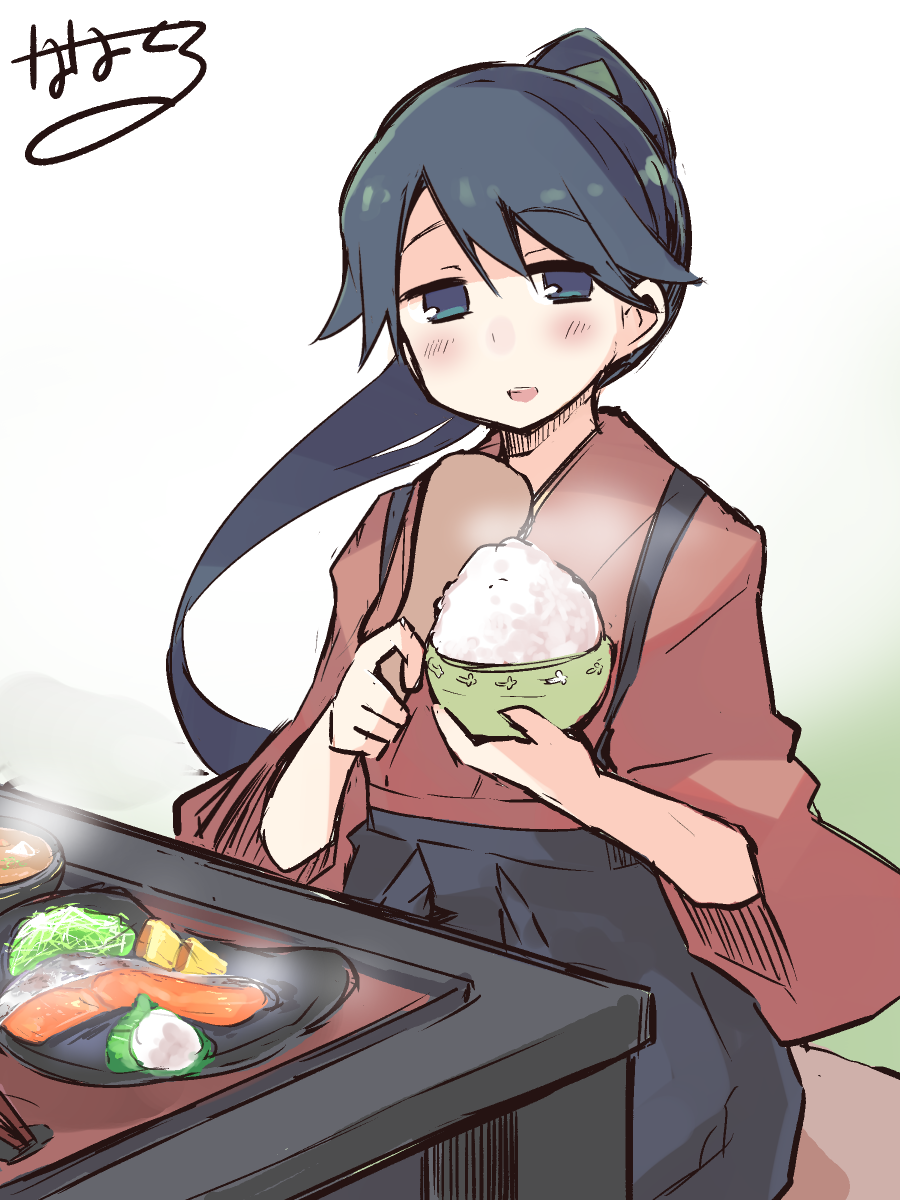 1girl, black_hair, blue_eyes, blush, bowl, chopsticks, food, gradient