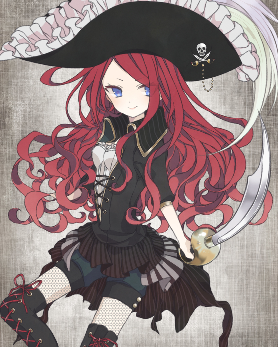 1girl, blue_eyes, boots, cross-laced_footwear, fishnet_pantyhose, fishnets, hat, jolly_roger