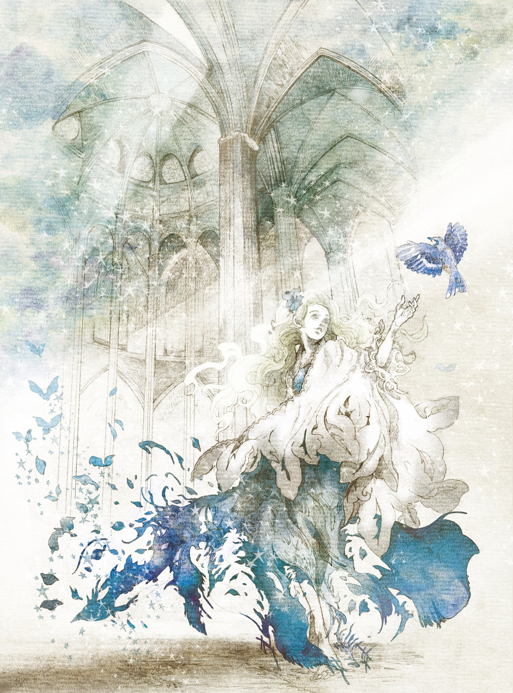 1girl, bird, bluebird, christine_ogawa, column, flower, hair_flower, hair_ornament