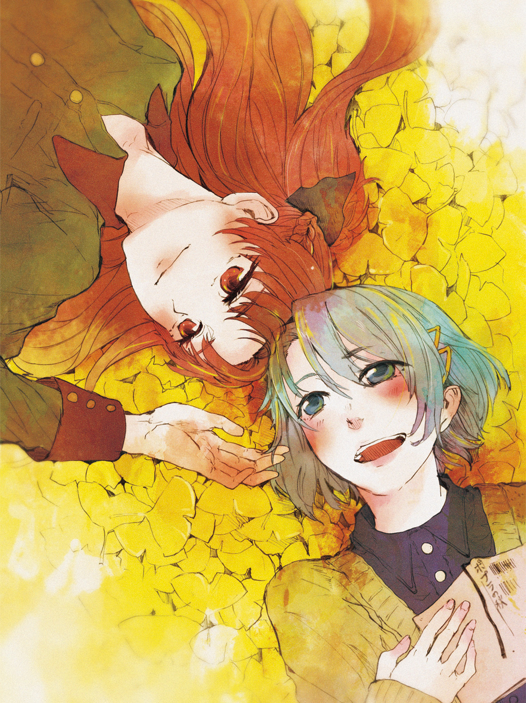 2girls, blue_eyes, blue_hair, bow, cardigan, coat, ginkgo, hair_bow
