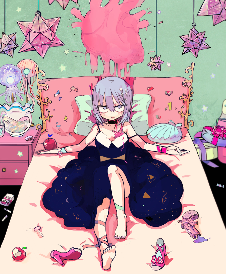 apple, candy, cigarette, clam_shell, comb, drawer, dress, food, fruit, gift, gun, heart_(organ), high_heels, jellyfish, lamp, lollipop, octopus, original, outstretched_arms, spread_arms, star, tagme, tera, water_gun, weapon