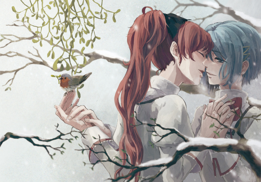 2girls, bird, blue_hair, bow, closed_eyes, hair_bow, hair_ornament, hairclip
