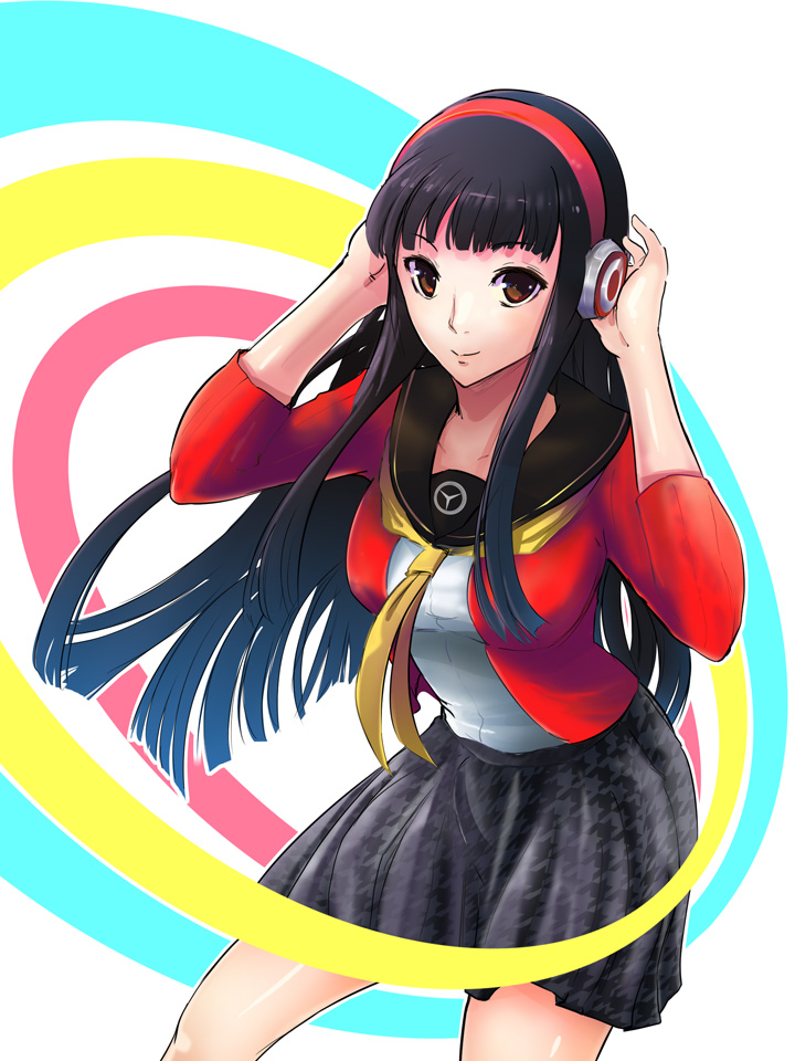 1girl, amagi_yukiko, black_hair, brown_eyes, hairband, headphones, jas_(kda10457), long_hair
