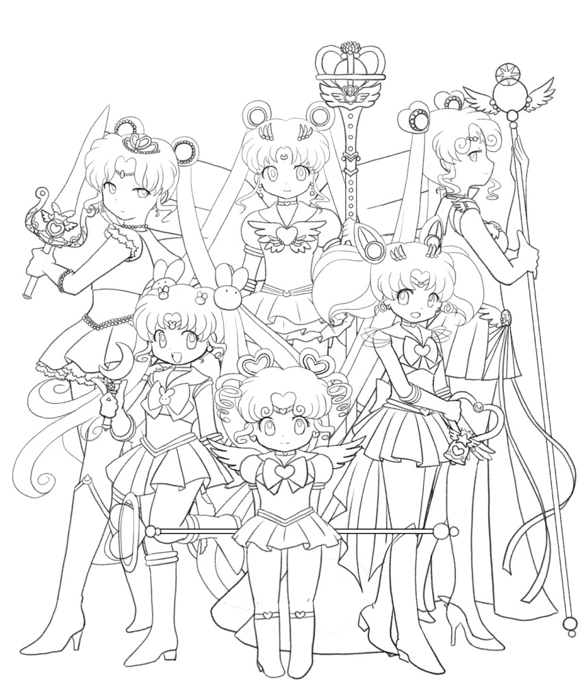 6+girls, angel_wings, bishoujo_senshi_sailor_moon, boots, bow, brooch, bunny_hair_ornament, chibi_chibi