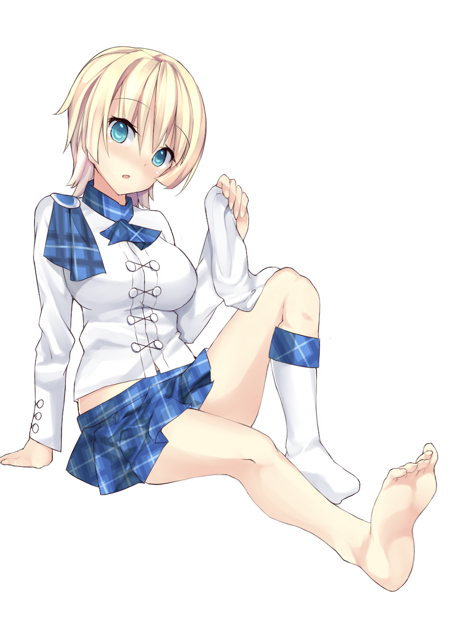blonde_hair, blue_eyes, bonkiru, feet, highres, plaid, plaid_skirt, recirah, short_hair, skirt, socks, socks_removed