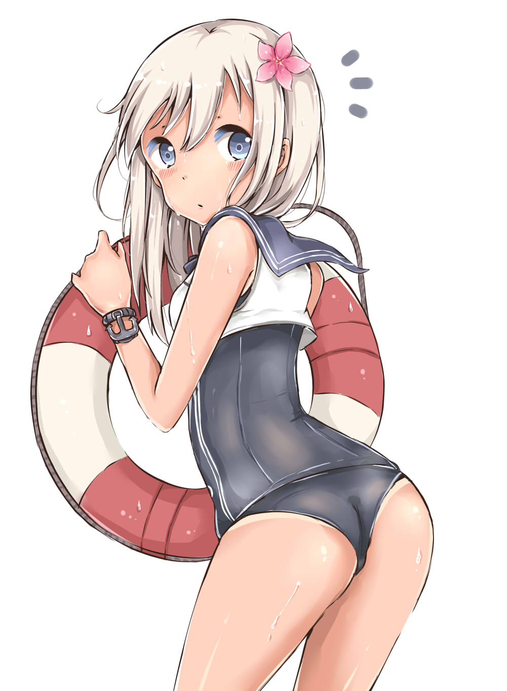 1girl, ass, blue_eyes, blush, flower, hair_flower, hair_ornament, highres