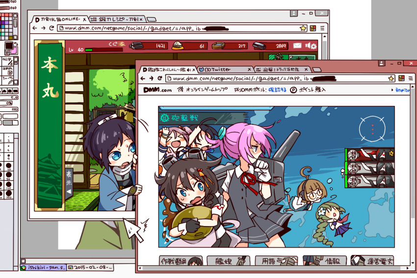 black_hair, blue_eyes, bluetenbin, braid, brown_hair, computer_screen, crossover, cursor