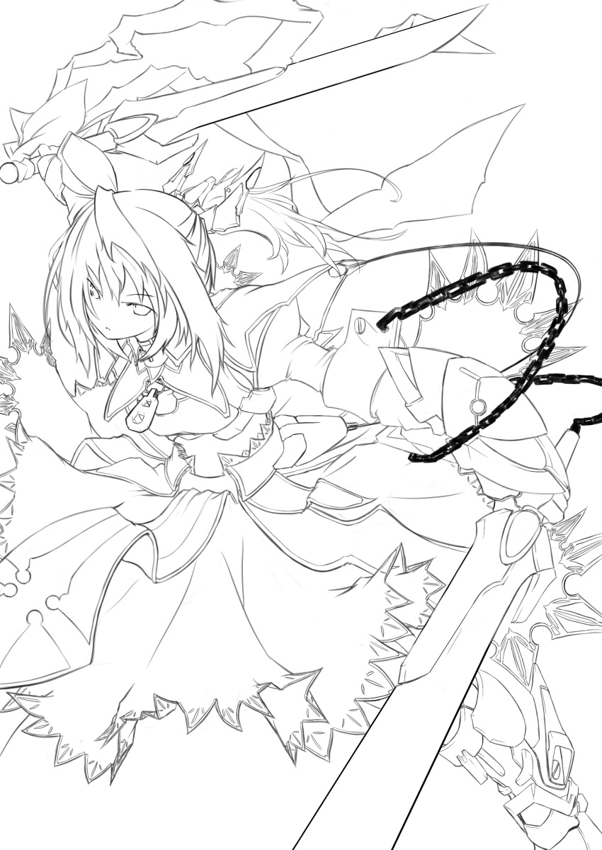 1girl, absurdres, adapted_costume, armor, armored_dress, chain, dress, dual_wielding, fate/stay_night, fate_(series), gauntlets, glowing, highres, lineart, long_hair, mag_(giraffe009), monochrome, ponytail, saber, shidou_shiki, solo, sword, weapon, zipper