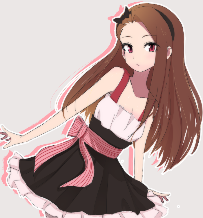 1girl, bare_shoulders, bow, brown_hair, hairband, hinomaru_(futagun), idolmaster, long_hair