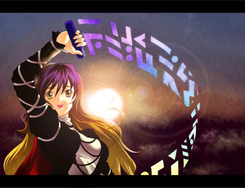 brown_hair, cape, dress, gradient_hair, hijiri_byakuren, lens_flare, letterboxed, long_hair