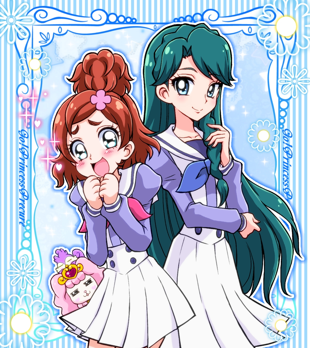 2girls, aqua_eyes, aqua_hair, aroma_(go!_princess_precure), blue_eyes, blush, braid, copyright_name