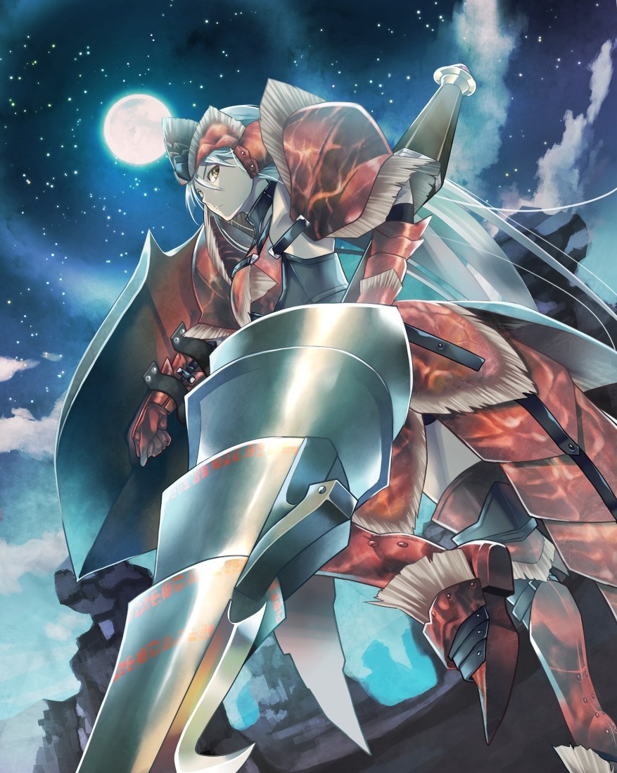 1girl, armor, monster_hunter, monster_hunter_mezeporta_kaitaku-ki, solo, weapon