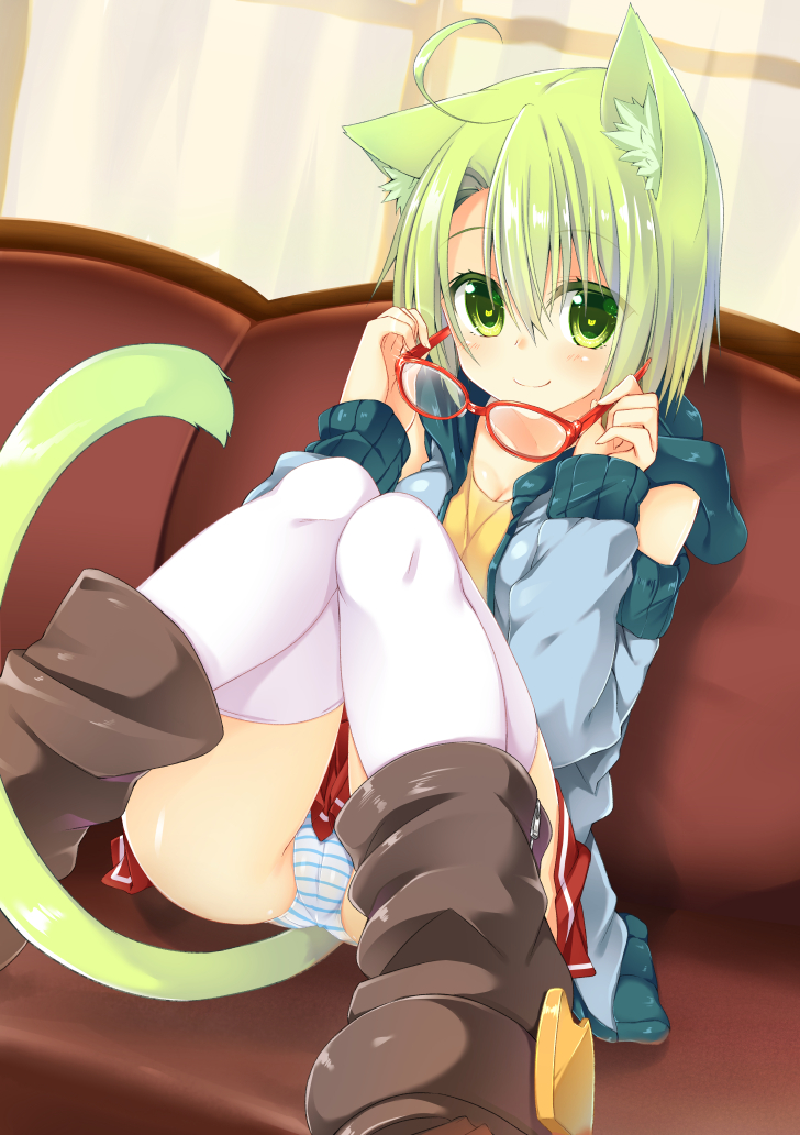 1girl, ahoge, animal_ears, boots, cat_ears, cat_tail, couch, dodome-iro_mayonnaise, dutch_angle, glasses, glasses_removed, green_eyes, green_hair, original, panties, pantyshot, pantyshot_(sitting), sharon_(dodomayo), short_hair, sitting, solo, striped, striped_panties, tail, thigh-highs, underwear, upskirt