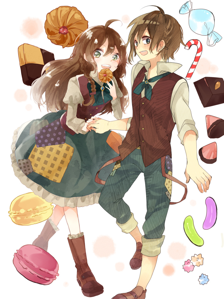 1boy, 1girl, absurdres, brown_hair, candy, collaboration, dress, food