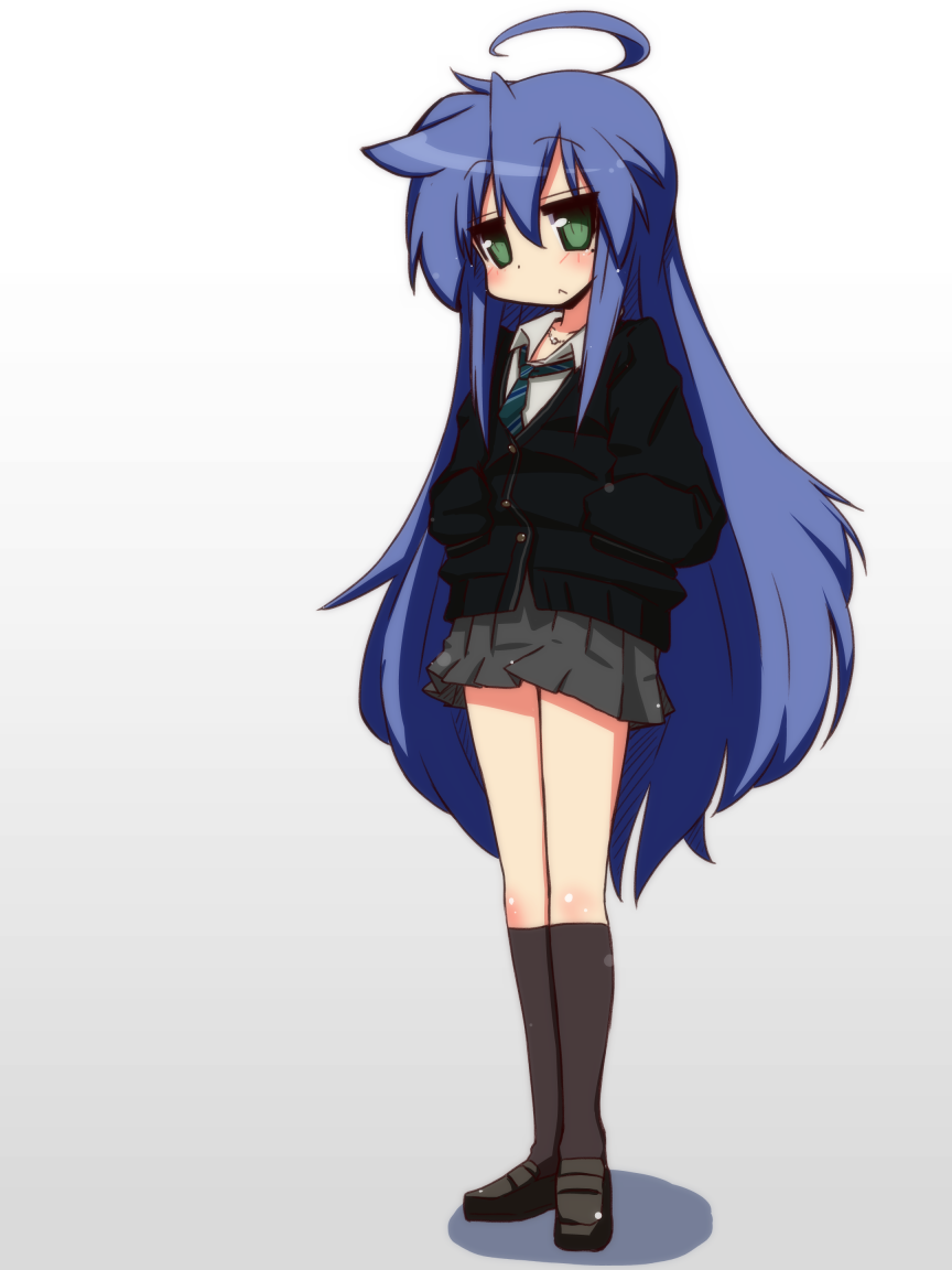 1girl, ahoge, blue_hair, cosplay, dark_skin, green_eyes, grey_skirt, hands_in_pockets
