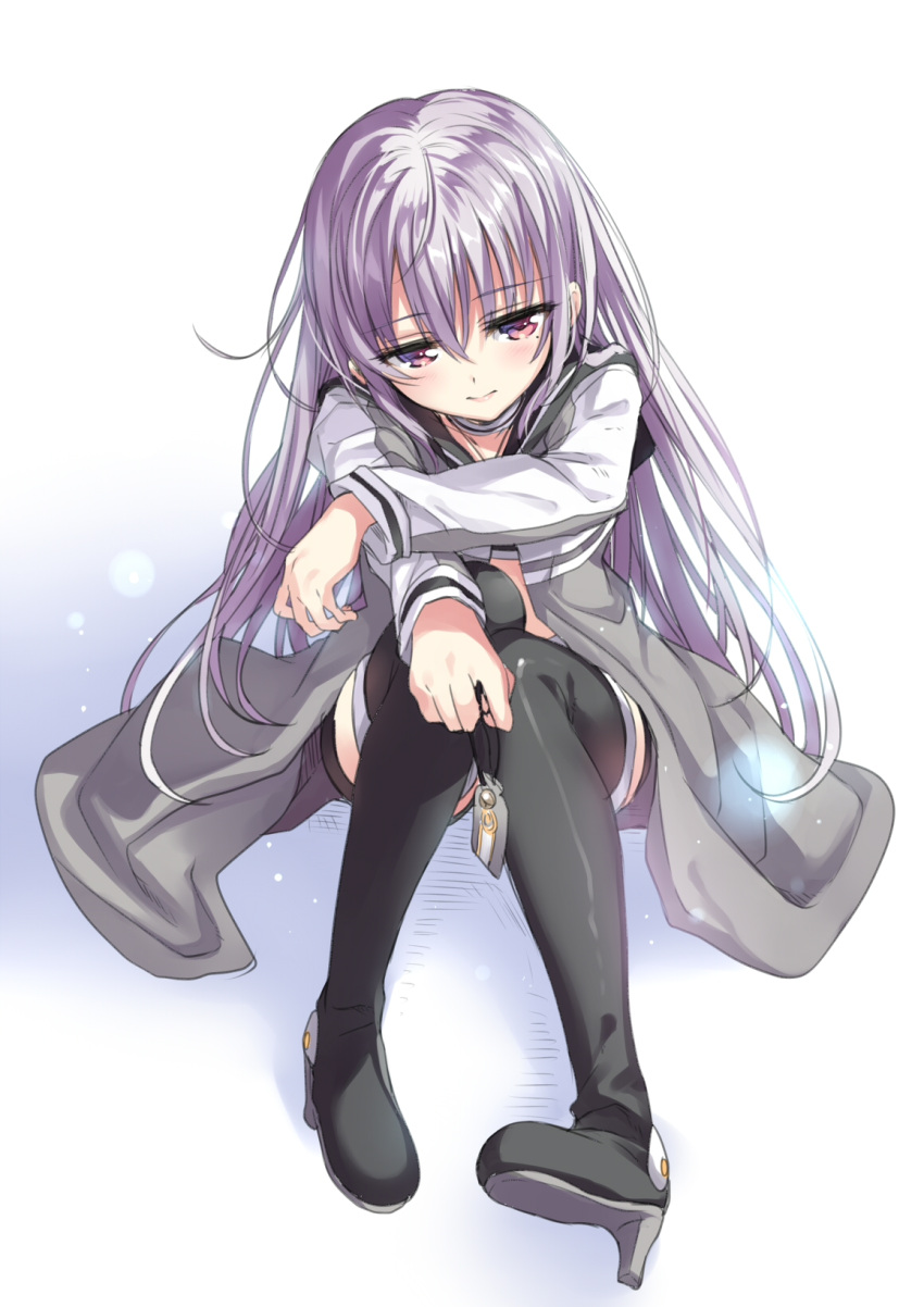 1girl, amano_suzune, black_footwear, blue_eyes, boots, gan_(shanimuni), gradient_eyes, highres, lavender_hair, long_hair, mahou_shoujo_madoka_magica, mahou_shoujo_suzune_magica, midriff, mole, mole_under_eye, multicolored_eyes, pink_eyes, sitting, solo, thigh-highs, thigh_boots, younger