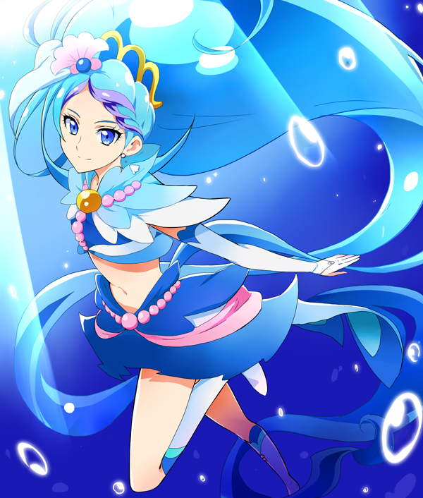 1girl, blue_background, blue_eyes, blue_hair, cure_mermaid, go!_princess_precure, kaidou_minami, kisuke_(akutamu)