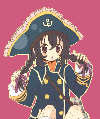 anise_tatlin, black_hair, braid, brown_eyes, child, cosplay, hat, lowres, patty_fleur, patty_fleur_(cosplay), solo, tales_of_(series), tales_of_the_abyss, tales_of_vesperia, twin_braids, yoshi_(koloio)