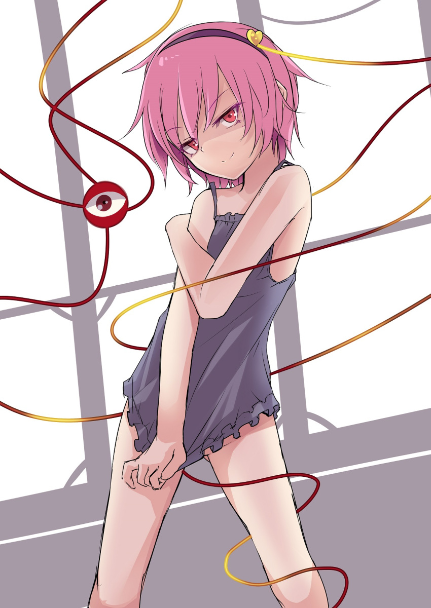 1girl, arai_togami, bare_arms, bare_shoulders, come_hither, covering, covering_crotch, eyeball