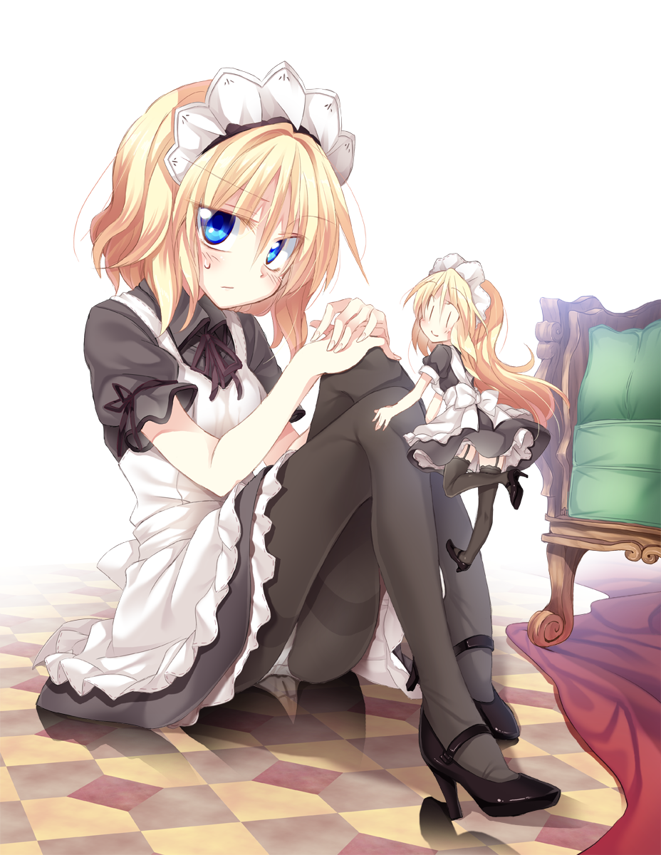 1girl, alice_margatroid, alternate_costume, apron, ass, back, black_legwear, blonde_hair