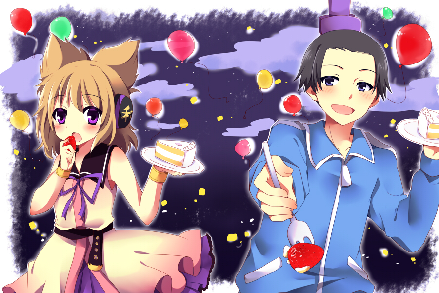 1boy, 1girl, balloon, brown_hair, cake, dress, earmuffs, food